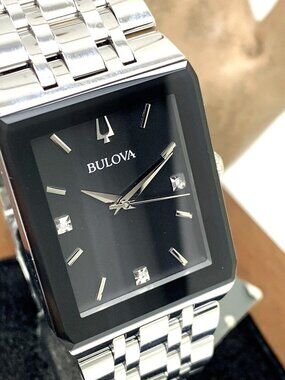 Bulova Men's Watch 96D145 Quartz Diamond Accent Black Dial Silver Steel